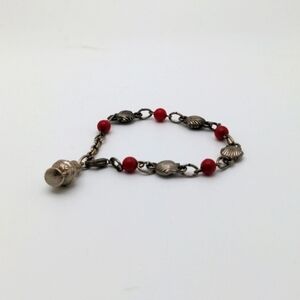 Vintage Coral Red Bead & Silver Charm Bracelet